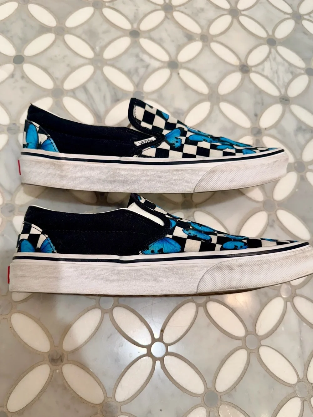 Sold Vans Classic Checkerboard Blue Butterfly Slip-On Sneakers 9 W / 7.5 M Skate - Picture 4 of 10